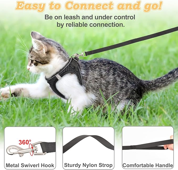 Cat Harness and Leash for Walking Escape Proof, Adjustable Kitten Vest Harness Reflective Soft Mesh Puppy Harness for Outdoor, Comfort Fit, Easy to Control (Black, XXS)