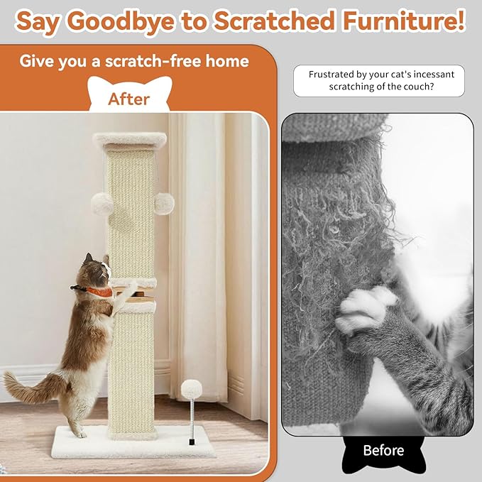 OTOB Cat Scratching Post 33 Inch, Nature Sisal Scratching Posts for Indoor Cats Adults Kitten, 6-in-1 Interactive Turntable Cat Scratch Post Protect Your Furniture, Large Cat Scratcher, Beige
