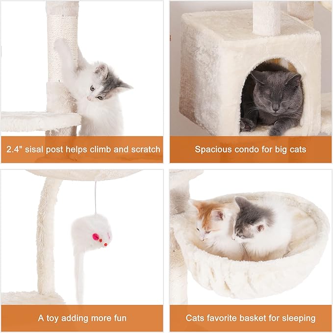 Heybly Cat Tree with Toy, Cat Tower condo for Indoor Cats, Cat House with Padded Plush Perch, Cozy Hammock and Sisal Scratching Posts, Beige HCT004SM
