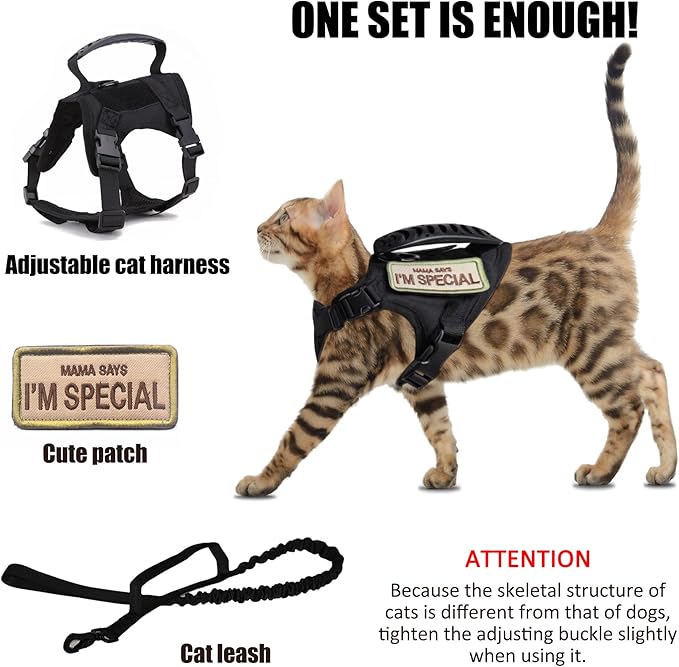 Tactical Cat Harness for Walking Escape Proof, Adjustable Pet Vest Harness, Soft Mesh with Control Handle for Large Cat Small Dog, Gift with Patch