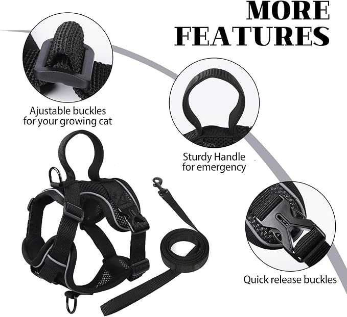 Cat Harness and Leash Set Escape Proof Adjustable Tactical Vest Breathable Kitten Harness with Handle for Walking Reflective Strips Jacket for Dark Night