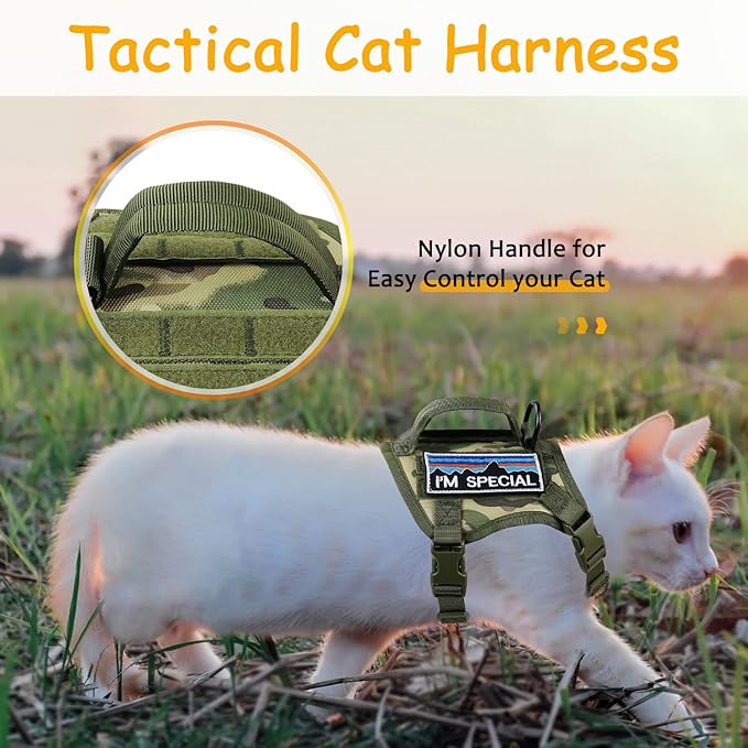 Tactical Cat Harness for Walking, Adjustable Escape Proof Pet Vest for Large Cat,Easy Control Breathable Cat Vest with Handle，Molle Patches (Camo Green, L)