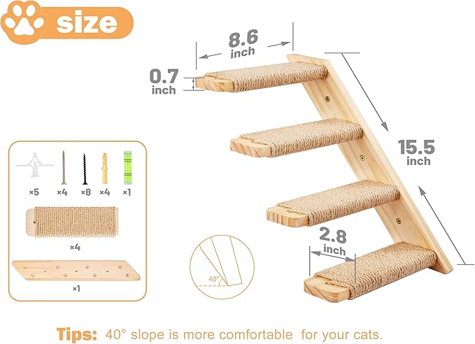 Cat Climbing Shelves Four Stair Shelf Wall Mounted Reversible Left & Right Direction, Cat Stairway Shelf for Climbing with Sisal Rope Ladder Cat Wall Furniture