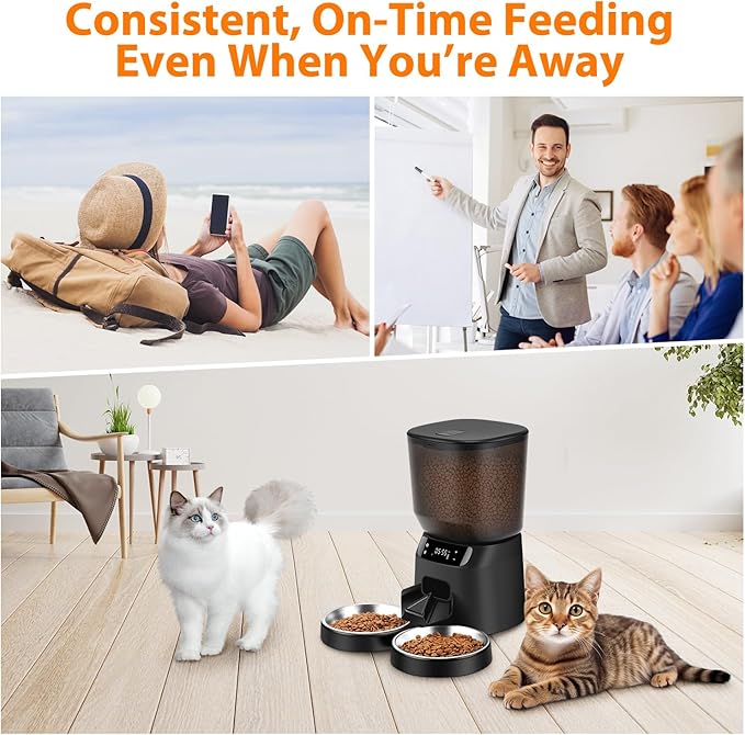 Automatic Cat Feeders for Two Cats, 5L/20 Cups Double Automatic Cat Food Dispenser with 2 Stainless Bowls,10s Meal Call and Timer Setting 20 Portions 6 Meals Per Day,Pet Feeder for Cat and Dog Black