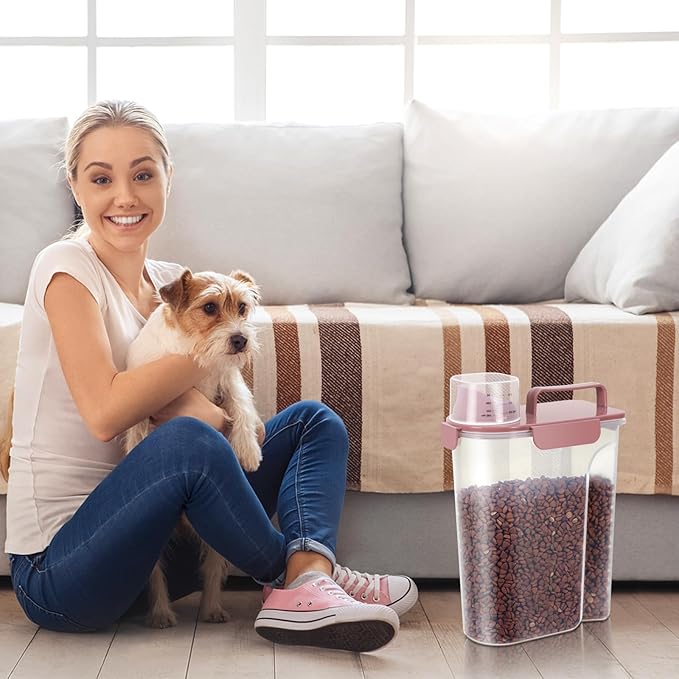 5-7Lbs Airtight Pet Storage Container For Cat Dog Bird Food and Keep Fresh, Translucent Body,Upgraded large nozzle for easy pouring With handle design Easy to carry when going out-pink