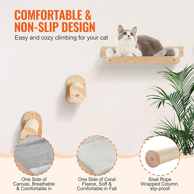 VEVOR Wall Mounted Cat Shelves, Cat Wall Shelves and Perches with Jumping Posts & Hammocks, Cat Furniture Set up to 40 lbs, Removable & Washable Coral Fleece for Sleeping, Playing, Climbing, Set of 4