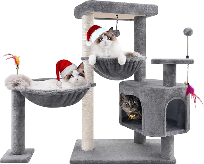 YOUPET 33.46" Cat Tree Tower with Cat Condo and Scratching Post for Indoor Cats, Activity Center Cat Furniture with Two Big Hammock and Spring Toy Balls, Grey