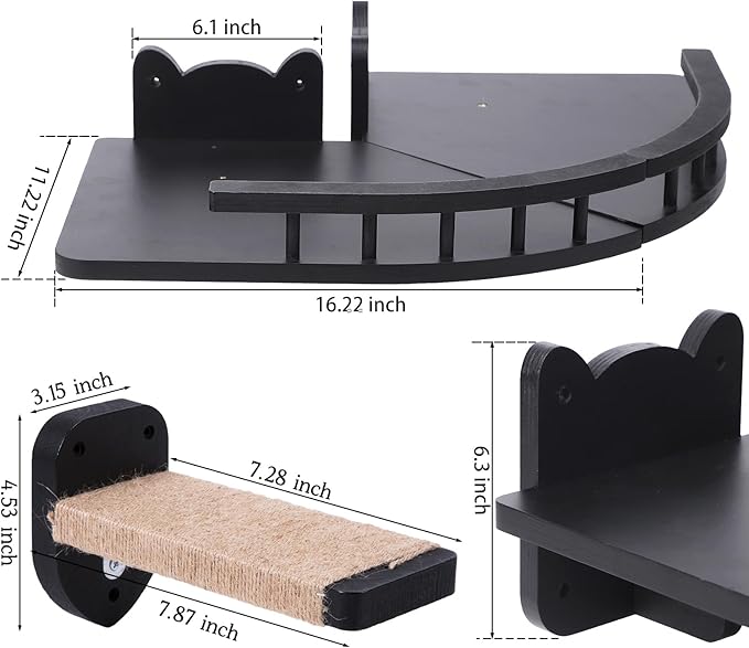 Cat Shelves for Wall, 2 Pcs Cat Wall Shelves with 3 Cat Wall Steps, Wood Cat Wall Furniture Set with Plush Covered, Wall-Mounted Cat Climbing Shelves Cat Perch for Indoor Large Cat (Black)