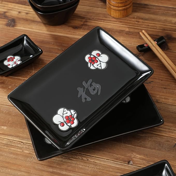 8 pcs Japanese Sushi Plate Sets Serving Platters and Trays for Entertaining Sushi Dishes Set Plates Sushi Plates Traditional Cuisine Dinnerware Sets with Chopsticks Black Plum