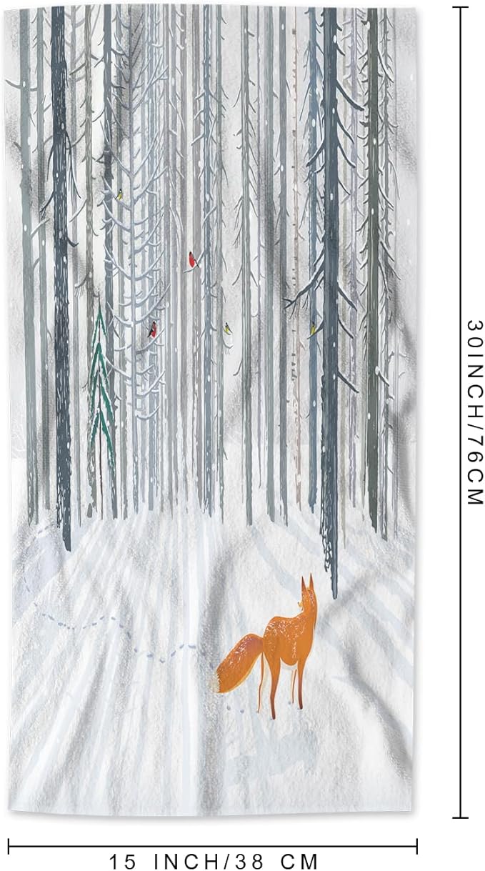 AOYEGO Fox Microfiber Towels Winter Tree Bird Snow Animal Frost Bath Towels Kitchen Hand Towels for Women Men Girls Boys 15x30 Inch