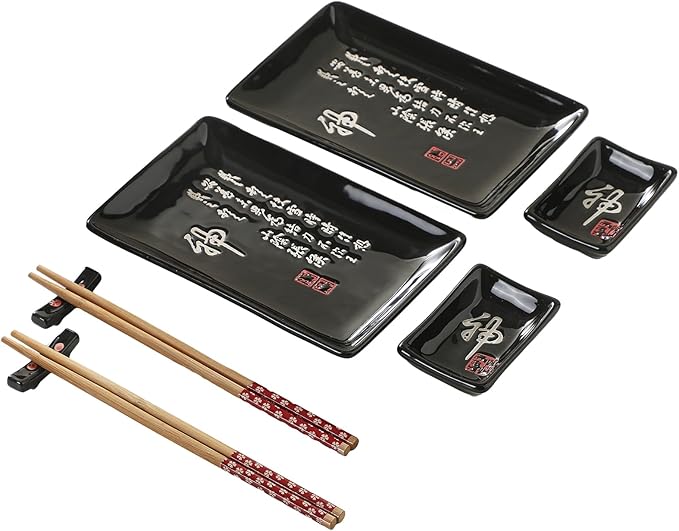 8 pcs Japanese Sushi Plate Sets Serving Platters and Trays for Entertaining Sushi Dishes Set Plates Sushi Plates Traditional Cuisine Dinnerware Sets with Chopsticks Black Shen
