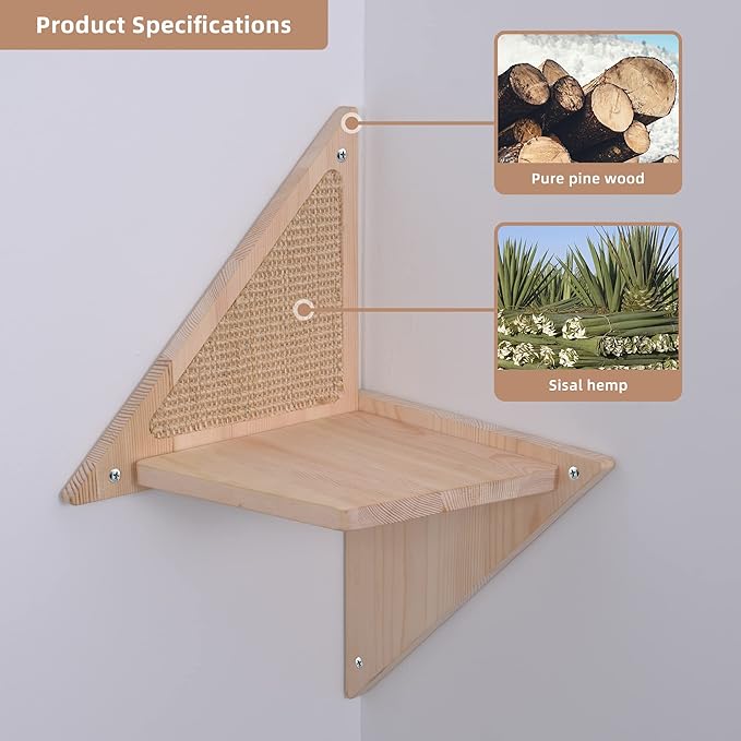 Cat Wall Shelves for The Corner, Wall Mounted Cat Shelves and Perches, Solid Wood Floating Cat Wall Steps Cat Wall Hammock Cat Wall Furniture for Sleeping, Playing, Climbing