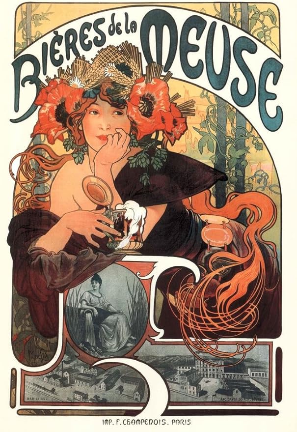 Alphonse Mucha Bieres De La Meuse Art Print Art Nouveau Vintage Beer Advertisement French France 1897 Poppies Wheat Hops Summer Seasons Cool Wall Art Print Poster 16x24