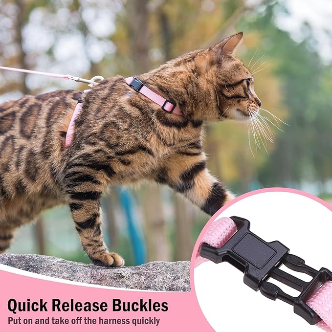 PUPTECK Adjustable Cat Harness and Leash Set Escape Proof Kitten Strap Collar for Walking Travel, Pink, M