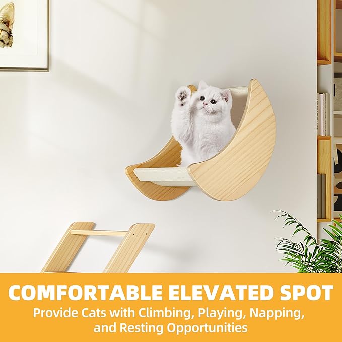 DWVO Cat Wall Shelves and Perches for Wall, Solid Wood Wall Mounted Cat Furniture, Set of 5 Cat Climbing Shelves with Moon Cat House, Cat Bridge Ladder, Cat Hammock and Cat Scratching Post