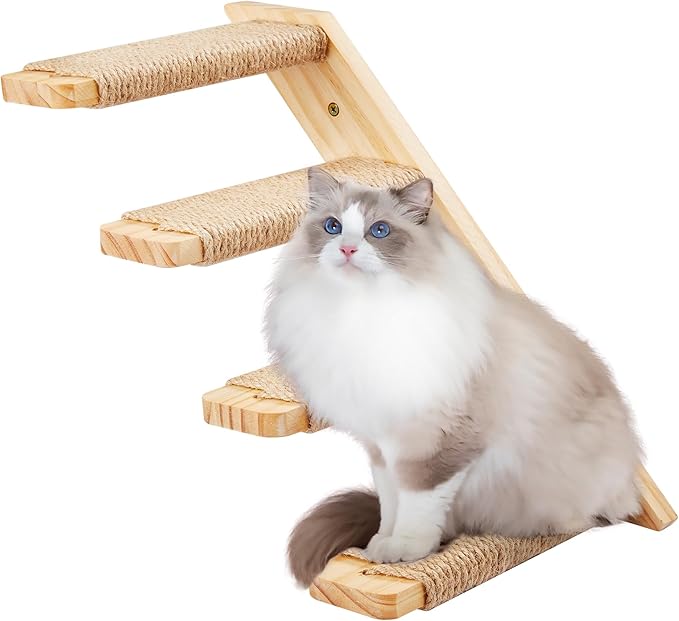 Cat Climbing Shelves Four Stair Shelf Wall Mounted Reversible Left & Right Direction, Cat Stairway Shelf for Climbing with Sisal Rope Ladder Cat Wall Furniture