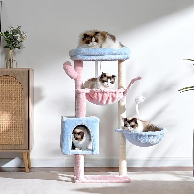 Heybly Cat Tree, 39.4 Inches Tower Condo with Scratching Post, Cat Tower for Indoor Cats, Fully Wrapped Sisal Pole, Soft Platform, 2 Baskets and Dangling Toy, Blue and Pink HCT006SBP