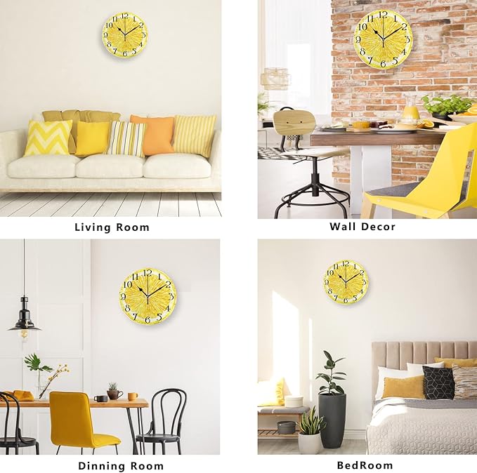 ALAZA Lemon Wall Clock for Kitchen - 9.5 in Yellow Non-Ticking Round Battery Operated Decorative Clock