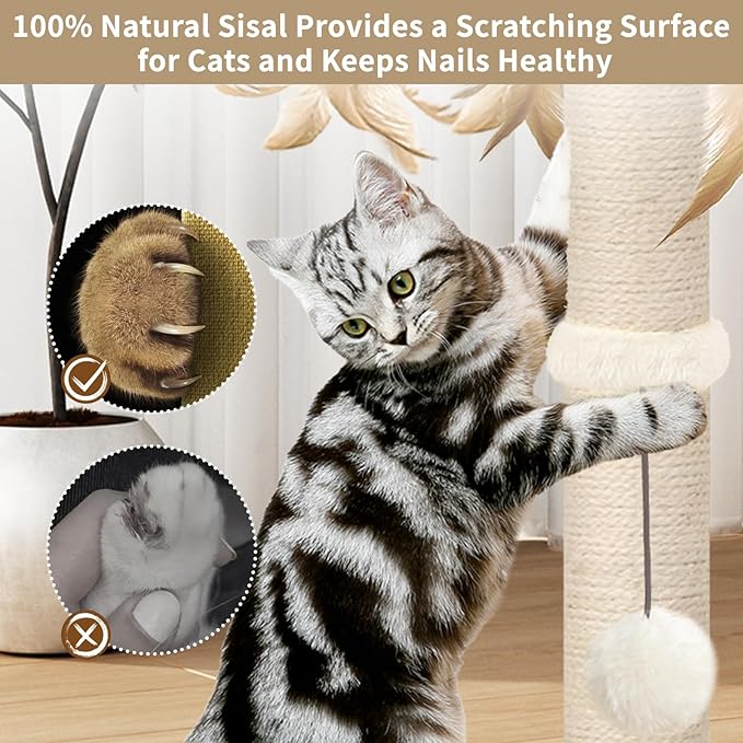 Cat Scratching Post, Sisal Scratching Posts for Indoor Cats Adults with Hanging Ball and Interactive Toys, 2 Mounting Methods Cat Scratcher for Kitten Cats, 25 inches