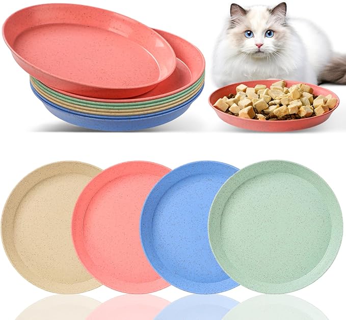 8 Pcs Whisker Fatigue Cat Bowls, 6 Inch Shallow Cat Food Dish Wide Cat Feeding Bowls, Wheat Straw Pet Plate for Kittens and Short Legged Cat