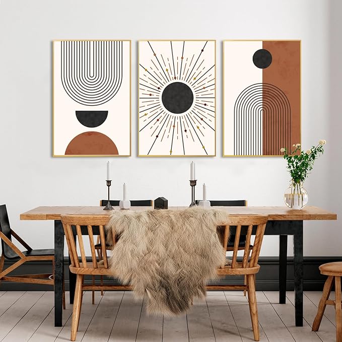 Ausril Minimalist Boho Framed Canvas Wall Art Set, Neutral Geometric Line Sun Wall Decor, Mid Century Wall Painting, Abstract Modern Bohemian Art Print for Living Room, Bedroom, Office -24"x36"x3