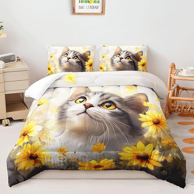 AILONEN Cat Comforter Set Full Size for Kids,Yellow Flower Kitten Comforter Set,Boys Girls Cat Bedding Set,Soft Lightweight,1 Comforter with 2 Pillowcases,3 Pieces