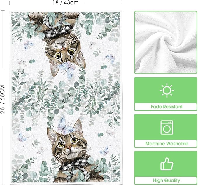Artoid Mode Eucalyptus Leaves Cat Hello Sweet Kitchen Towels Dish Towels, 18x26 Inch Buffalo Plaid Bow Tie Holiday Decoration Hand Towels Set of 2