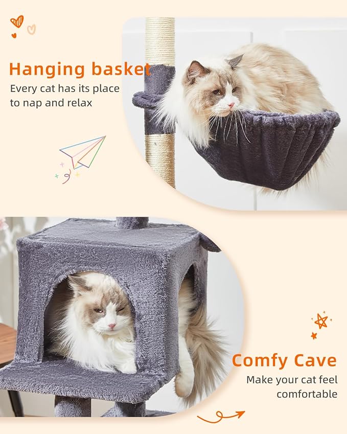 Taoqimiao Cat Tree,48.8-Inch Cat Tower for Indoor Cats,2 Luxurious cat condo with Adjustable Large Hanging Baskets and Large Luxurious Perch Smoky Gray MS029LG