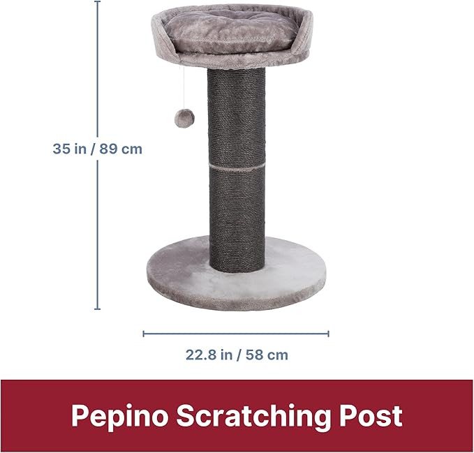 TRIXIE Pepino Cat Scratching Post 35 Inch - Cat Scratcher with Soft Fabric Covering Base and Durable Sisal Rope - with Platform Bed & Dangling Cat Toy - in Gray
