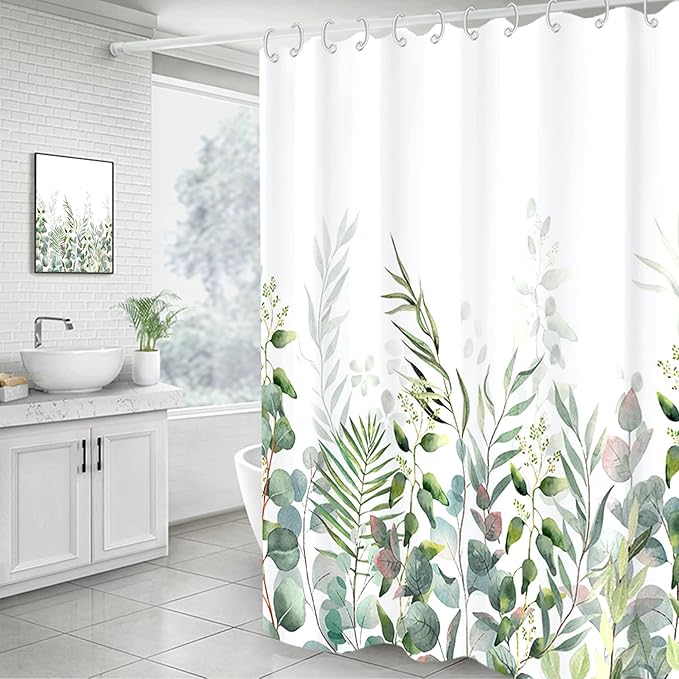 AWERT Shower Curtain Plants for Bathroom,Waterproof Quick-Drying Green Leaves Shower Curtain Set with Hooks 72x84 Inch