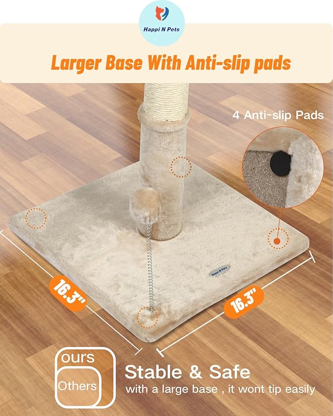 Happi N Pets 26" Cat Scratching Post with Perch, Natural Sisal Scratchers Trees for Indoor Cats, Featuring with Hanging Balls & Cozy Cat Bed, Stable Cat Scratch Posts for Kittens-Beige