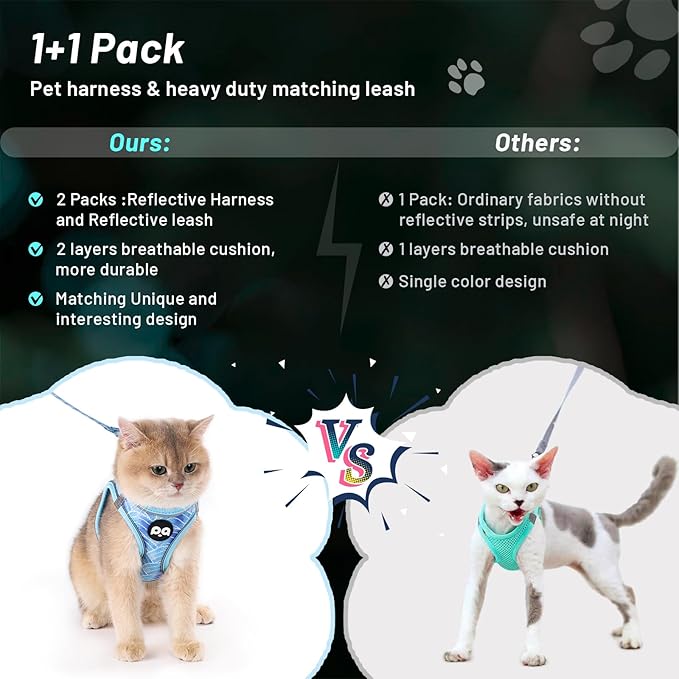 Cat Vest Harness Leash Set: Escape Proof & Reflective Kitten Soft Mesh Vest for Small Medium Large Puppy Pets Walking Hiking and Traveling(Large,Blue)