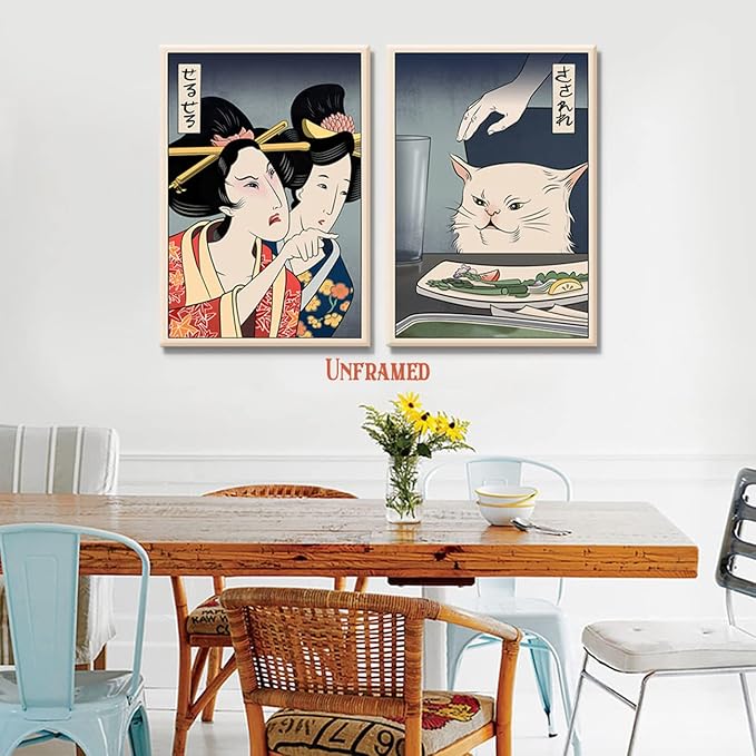 2 Pieces Fun Cute Canvas Paintings Japanese Women Yell at Cats Eat Food Posters and Prints Vintage Wall Art meme poster Pictures Dining Room Wall Decoration Living Room Kitchen Hallway Unframed 8x10 inches……