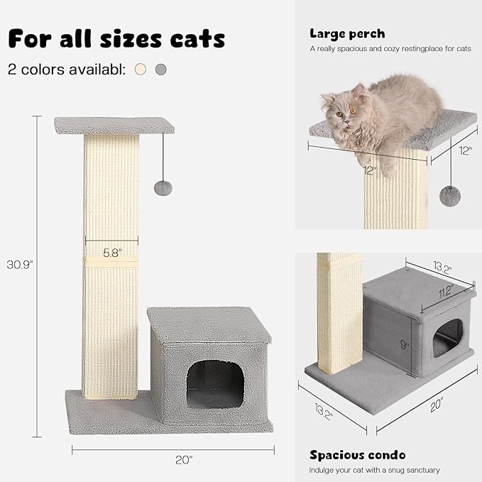 Small Cat Tree, 31 Inches Tall Cat Scratching Post with Perch & Condo, Natural Woven Sisal Cat Post Sctacher, Kitten Scratching Posts for Indoor Cats, Cat Scratch Tower with Fluffy Ball, Gray