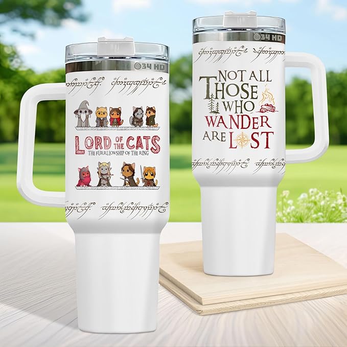 34HD Cute Cat Tumbler with Handle & Straw, 40z Stainless Steel Vacuum Insulated Lord Of The Cats Coffee Mug, Cat Gifts for Men Women Birthday Mothers Day Christmas