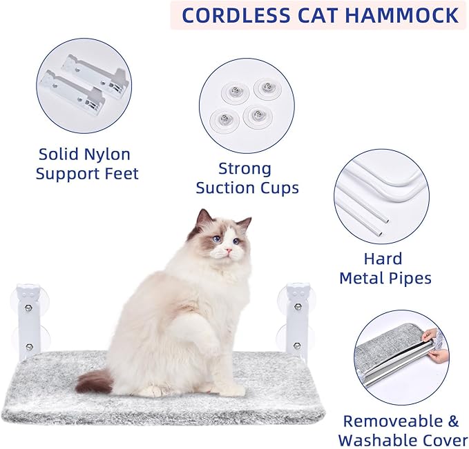 pettycare Cat Window Perch, Cordless Cat Window Hammock Bed with 4 Strong Suction Cups, Foldable Cat Window Seat for Inside Hold Up to 40lbs, Solid Metal Frame and Soft Reversible Two Fabrics Cover