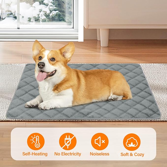 Self Warming Dog Bed, Pet Crate Pad for Indoor and Outdoor, Washable Heating Dog Kennel Mats with Non-Slip Bottom for Small Medium and Large Dogs - Grey, M:28"x45"