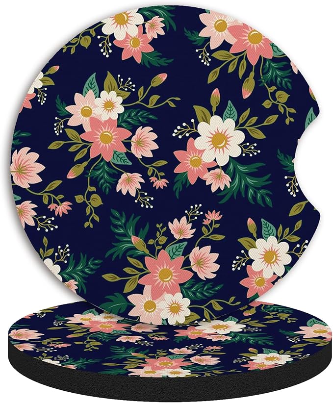 2pcs Flowers Pattern Car Cup Holder Coasters - Hippie Car Accessories, Universal Auto Anti Slip, Rubber Coasters with A Finger Groove