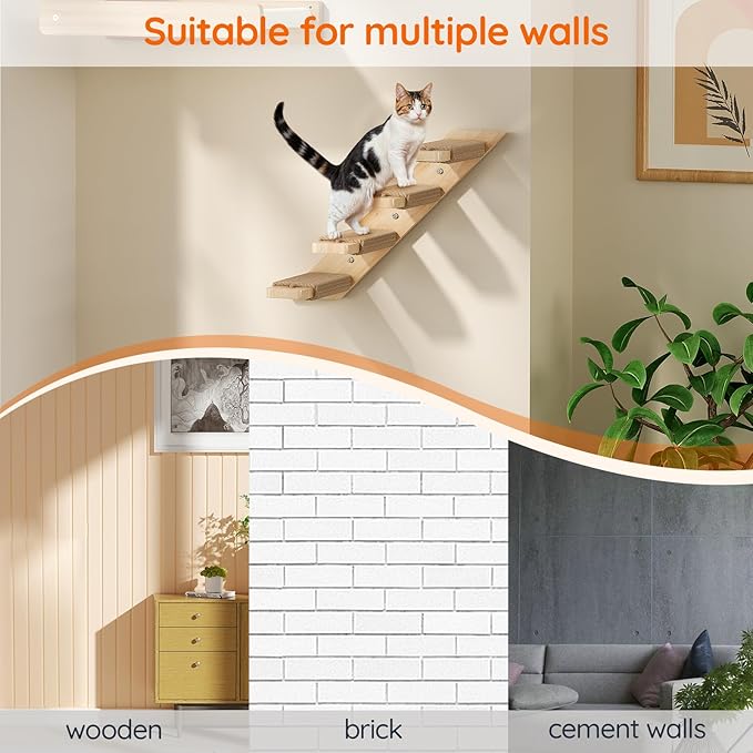 HOOBRO 4-Tier Wooden Cat Climbing Wall Shelves, Wall-Mounted Cat Wall Shelves Furniture, Cat Wall Step with Jute Scratching Rope, Solid Oak, 40-lb Load Capacity, Easy to Assemble, Natural NL12CS03N1