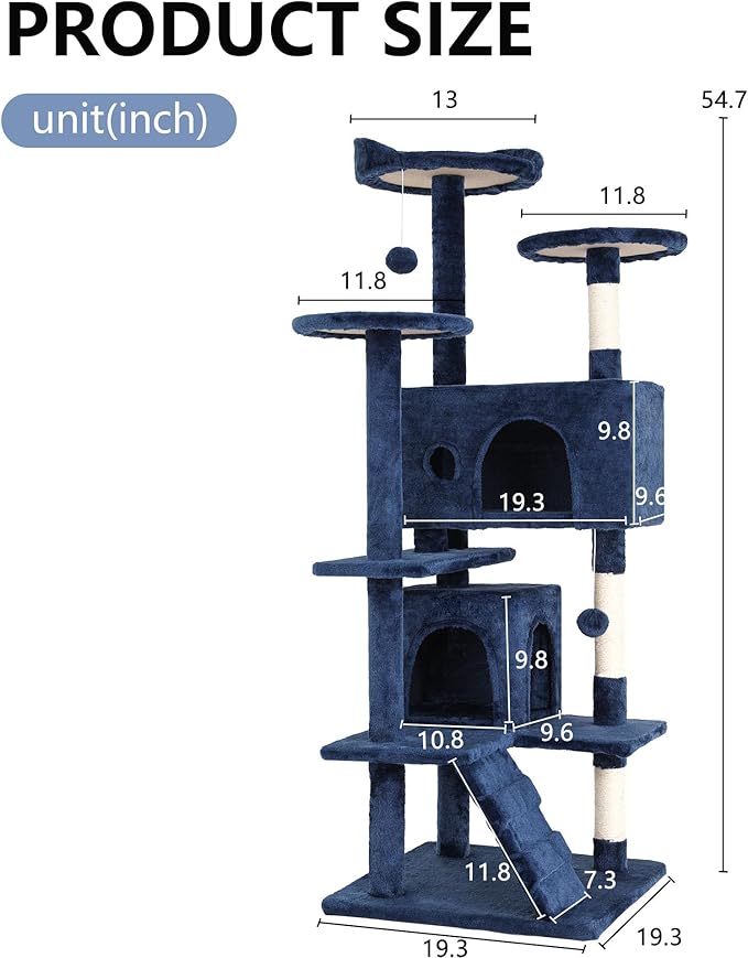 FDW Cat Tree 54in Cat Tower Multi-Level Durable Cat Scratching Post & Cozy Fun Cat Jumping Platform Space Saving Cat Condo Pet Play House for Indoor Cats,Dark Blue