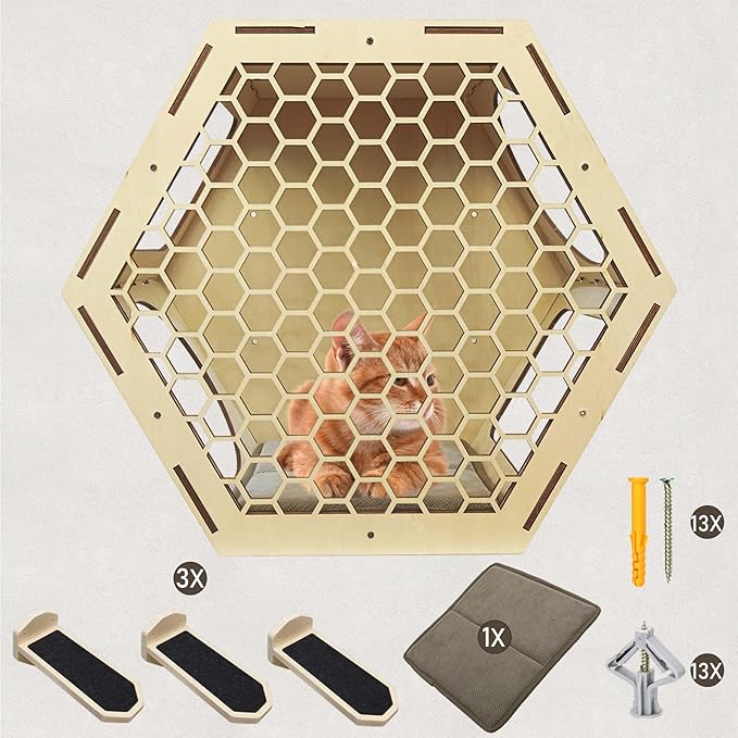 Wall Mounted Cat Shelves-Hexagon Cat Shelves and Perches for Wall Climbing-Cat Wall Furniture Set with 3 Scratching Steps and Washable Bed Mat-(Set of 1)