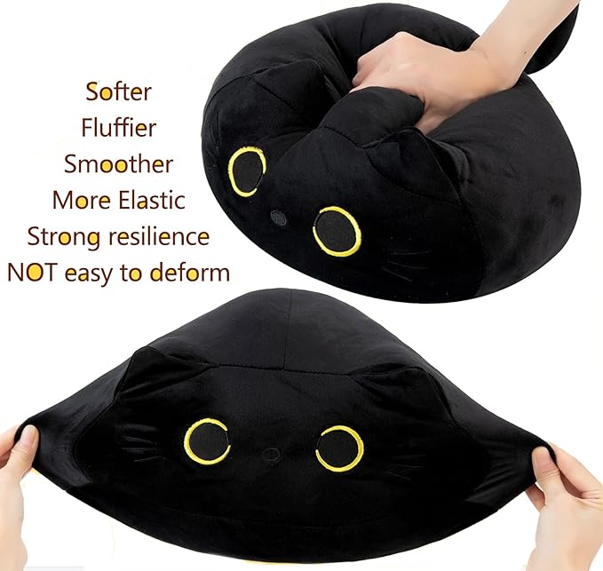 21.7" 3D Black Cat Plush Toy Pillow, Soft Kawaii Kitten Stuffed Animal Cushion