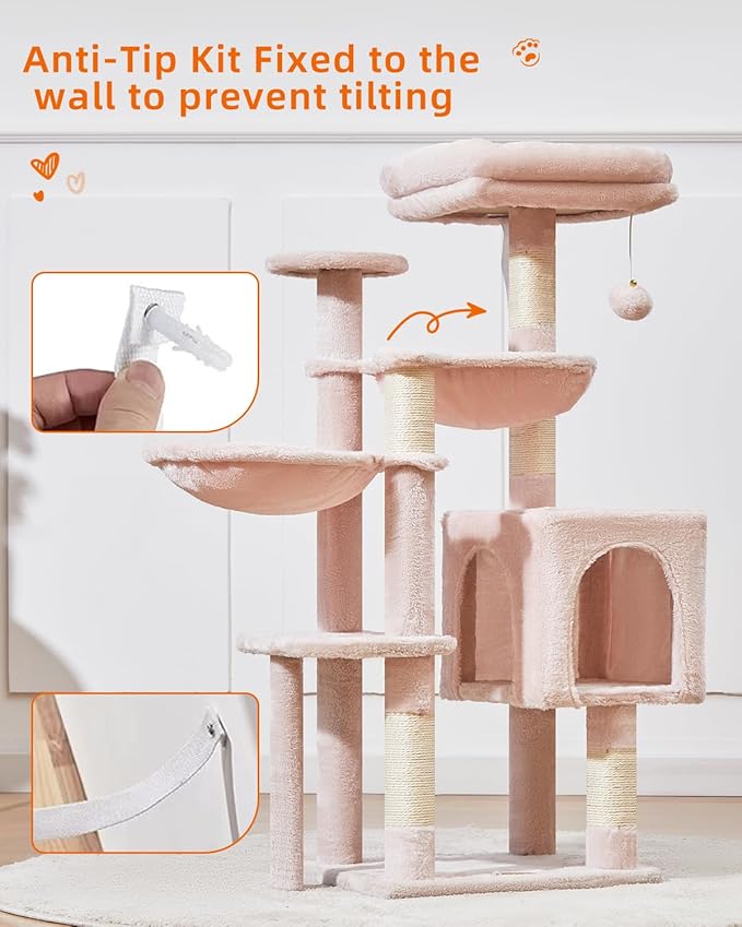 Taoqimiao Cat Tree, 39.4-Inch Cat Tower for Indoor Cats,Suitable for Kittens,Plush Cat Condo with 5 Scratching Posts, Plush Perch,2 Hammock,Pompoms, MS019P Jelly Pink