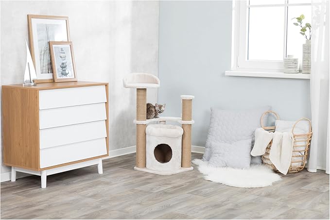 TRIXIE Nayra Cat Scratching Post 32.7 Inch - with Jute-Wrapped Post and Large Condo & Dangling Cat Toy - in Greige-Brown