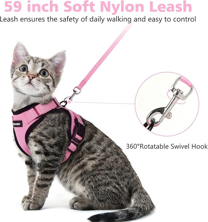 Dooradar Cat Harness and Leash Set, Escape Proof Safe Adjustable Kitten Vest Harnesses for Walking, Easy Control Soft Breathable Mesh Jacket with Reflective Strips for Cats, Pink, S