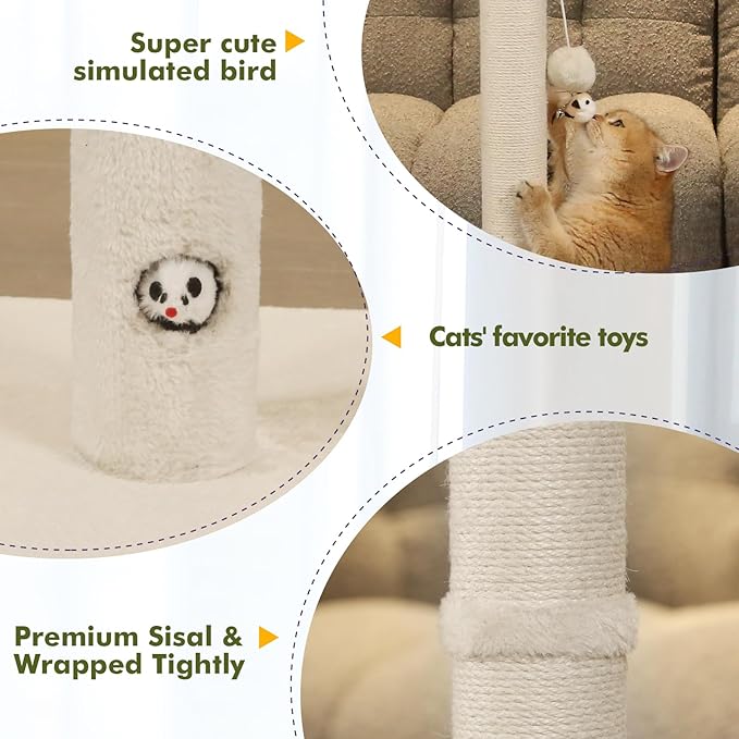 Cat Scratching Post with Premium Sisal Rope for Indoor 34in Tall Scratcher Post Tree with Mouse Hole, Hanging Ball for Adult Cats and Kittens White Scratch Tree