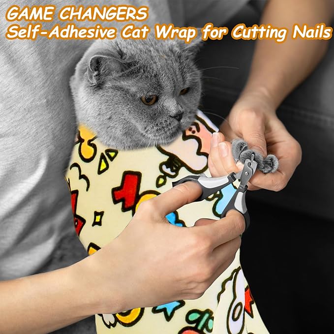 BABORUI Cat Grooming Wrap for Cutting Nails - Self-Adhesive Cat Swaddle Wrap with Nail Clipper Nail Cover, Anti-Scratch Cat Burrito Wrap for Nail Trimming, Cat Grooming Supplies