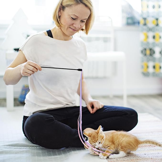 Amaxiu Cat Ribbon Wand Toys, 3pcs Interactive Cat Rainbow Wand String Toys for Indoor Cats Colorful Ribbon Charmer for Kittens Teaser Training Exerciser Playing Catcher Accessories