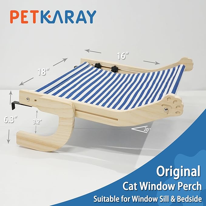 PETKARAY Cat Window Perch, Adjustable Cat Hammock for Windowsill, Indoor Window Shelves and Seat, Window Perch for Large Cats, Blue Stripe