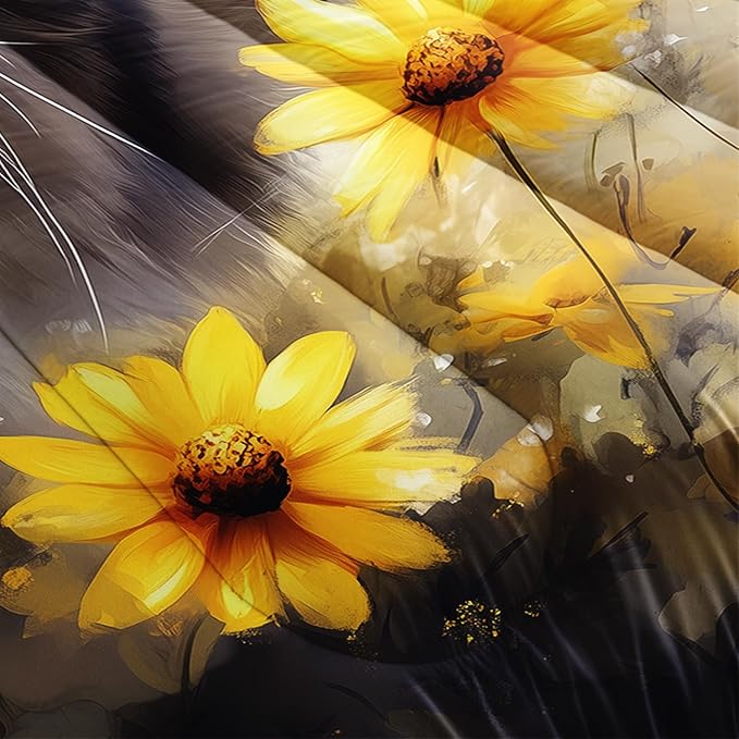 AILONEN Cat Comforter Set Full Size for Kids,Yellow Flower Kitten Comforter Set,Boys Girls Cat Bedding Set,Soft Lightweight,1 Comforter with 2 Pillowcases,3 Pieces